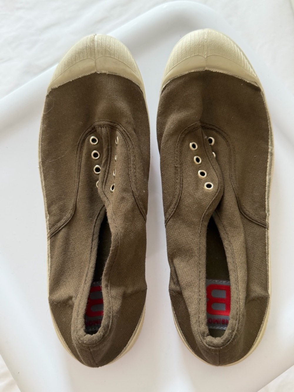 Bensimon Olive Brown Canvas Slip-On Flats with Cream Toe Caps